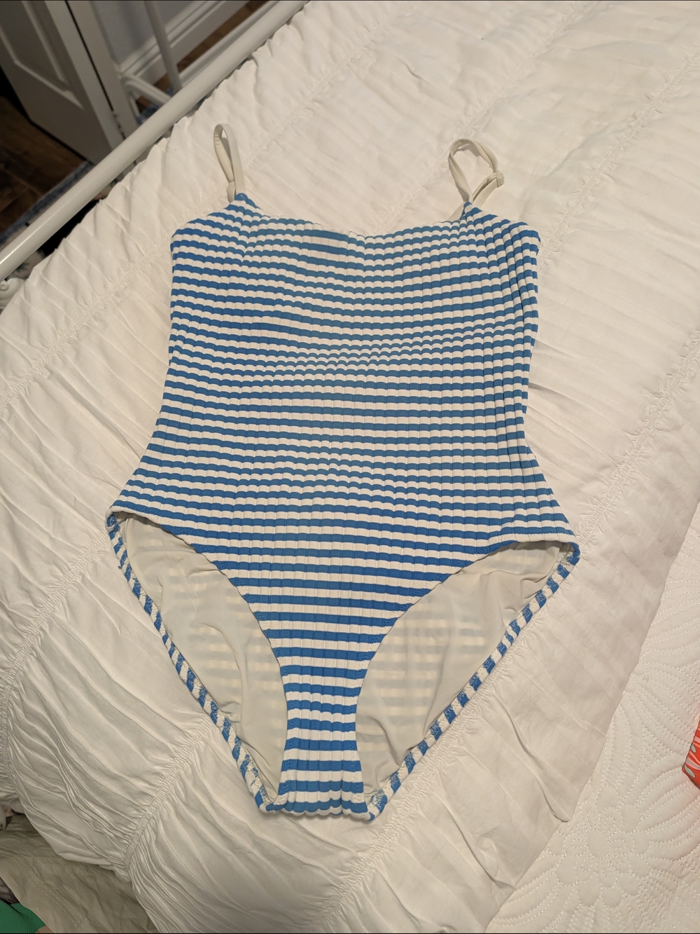 SOLID & STRIPED Blue and White Ribbed Stripe One-Piece